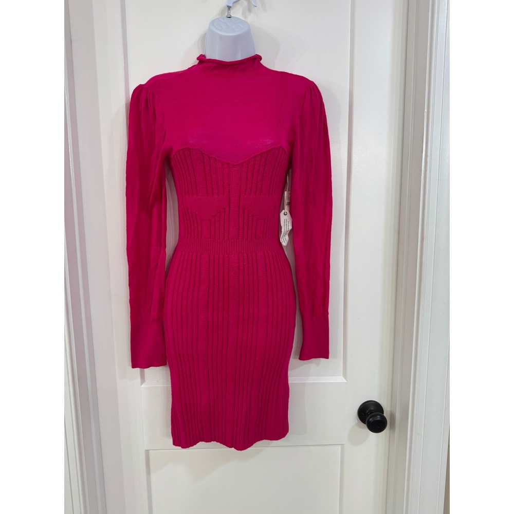 Anthropologie Pink Rose Ribbed Corset Knit Mock Neck Mini Dress Small NWT